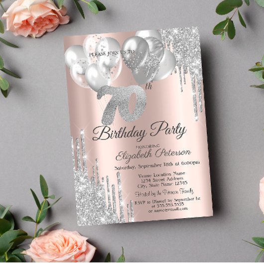 シルバーグリッタードリップバルーン70誕生日 招待状