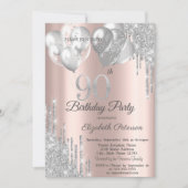 シルバーグリッタードリップバルーン90誕生日 招待状 (正面)