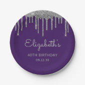 シルバーグリッタードリップパープル40歳の誕生日パーティー ペーパープレート (正面)