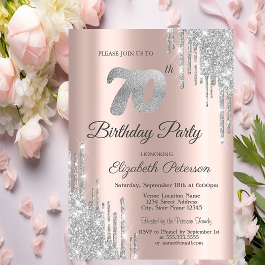 シルバーグリッタードリプスバラ金ゴールド70thバースデーパーティー 招待状