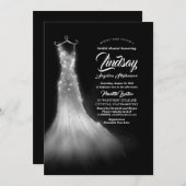 シルバーグリッタードレエレガントスブラックブライダルシャワー 招待状 (正面/裏面)