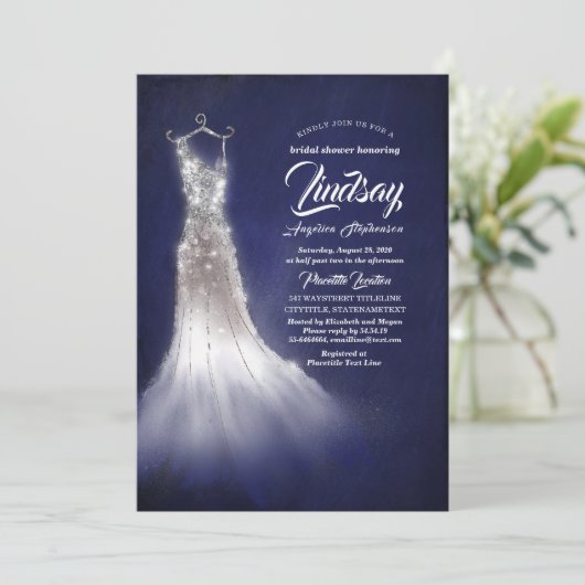 シルバーグリッタードレエレガントスブルーブライダルシャワー 招待状 (スタンド正面)