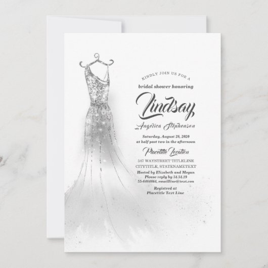 シルバーグリッタードレエレガントスホワイトブライダルシャワー 招待状 (正面)