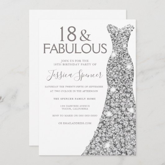 シルバーグリッタードレスガールズ18thバースデーパーティー 招待状 (正面/裏面)