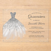 シルバーグリッタードレススクリプトキンセアニラパーティー アクリル招待状 (正面)