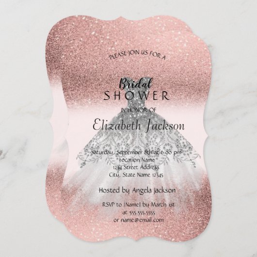 シルバーグリッタードレスバラ金ゴールドブライダルシャワー 招待状 (正面/裏面)