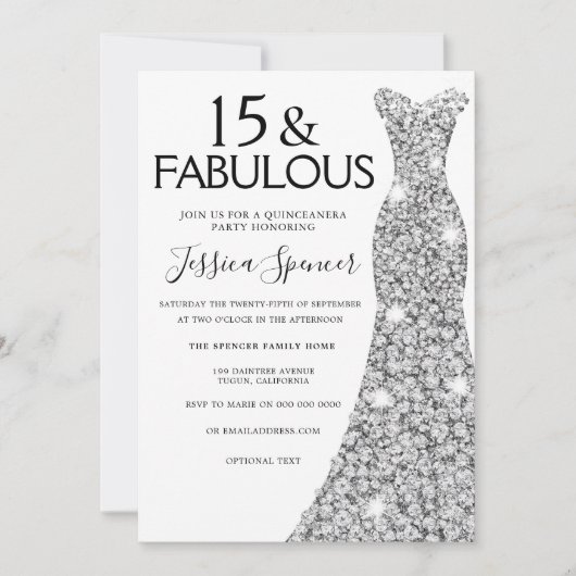 シルバーグリッタードレスファブラス15キンセアニェラパーティー 招待状 (正面)