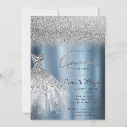 シルバーグリッタードレスブルーメタリックキンセアニラ 招待状 (正面)
