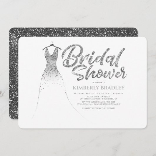 シルバーグリッタードレスホワエレガントイトブライダルシャワー 招待状 (正面/裏面)