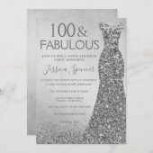 シルバーグリッタードレス100&素晴らしい100th誕生日 招待状 (正面/裏面)