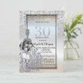 シルバーグリッタードレス、ガラス、風船30歳の誕生日 招待状 (スタンド正面)