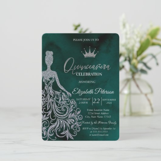 シルバーグリッタードレス、ダイアモンズグリーンスウィート15インチ 招待状 (スタンド正面)