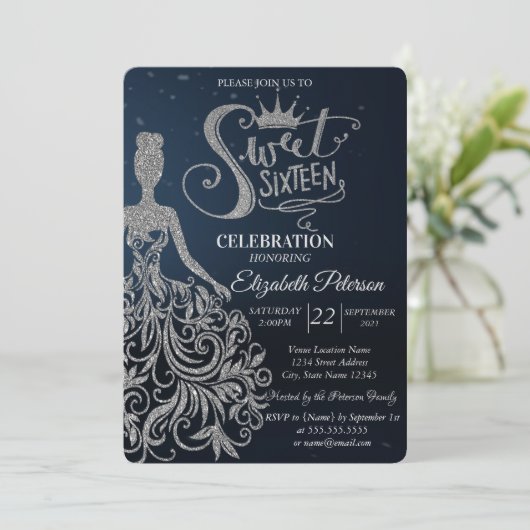 シルバーグリッタードレス、ダイアモンズダークブルースウィート16 招待状 (スタンド正面)