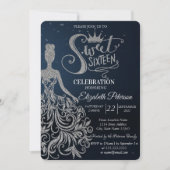 シルバーグリッタードレス、ダイアモンズダークブルースウィート16 招待状 (正面)