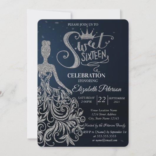 シルバーグリッタードレス、ダイアモンズダークブルースウィート16 招待状 (正面)