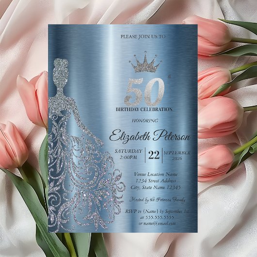 シルバーグリッタードレス、ダイヤモンドブルー 50歳の誕生日 招待状