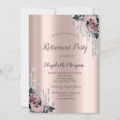 シルバーグリッタードロップと花のローズゴールド退職祝い 招待状 (正面)