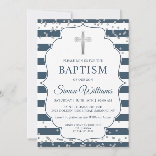 シルバーグリッターネイビーストライプブルーの洗礼 招待状 (正面)