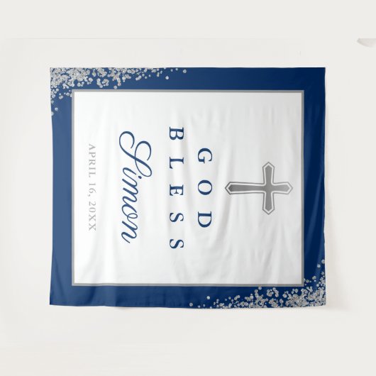 シルバーグリッターネイビーパーソナライズされたブルーゴッドブレス タペストリー (正面(横))