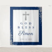 シルバーグリッターネイビーパーソナライズされたブルーゴッドブレス タペストリー (正面)