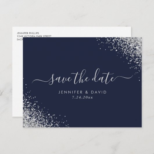 シルバーグリッターネイビーブルーウェディング日付を保存 案内ポストカード (正面/裏面)