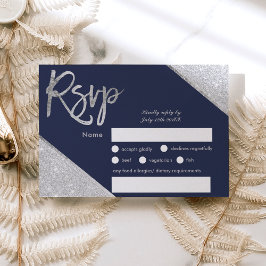 シルバーグリッターネイビーブルースクリプトウェディングRsvp 出欠カード