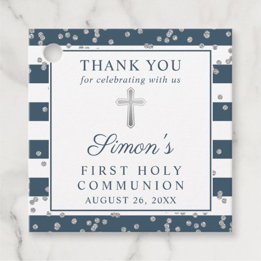 シルバーグリッターネイビーブルーファースト聖餐式 フェイバータグ (正面)