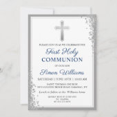 シルバーグリッターネイビーブルーファースト聖餐式 招待状 (正面)