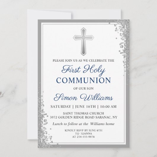 シルバーグリッターネイビーブルーファースト聖餐式 招待状 (正面)