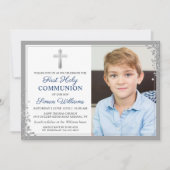 シルバーグリッターネイビーブルー第一聖体写真 招待状 (正面)