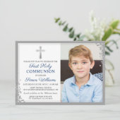 シルバーグリッターネイビーブルー第一聖体写真 招待状 (スタンド正面)