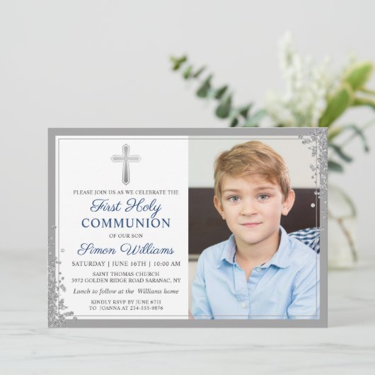 シルバーグリッターネイビーブルー第一聖体写真 招待状 (スタンド正面)