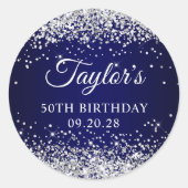 シルバーグリッターネイビーブルー50誕生日 ラウンドシール (正面)