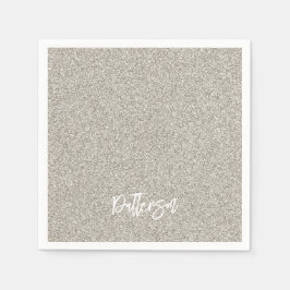 シルバーグリッターネームエレガントシック新年ナプキンス スタンダードカクテルナプキン