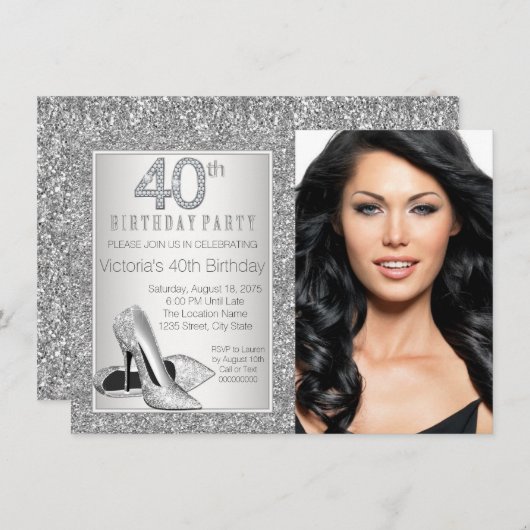 シルバーグリッターハイヒールシューズ40歳の誕生日 招待状 (正面/裏面)