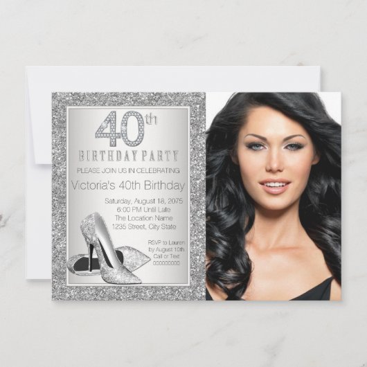 シルバーグリッターハイヒールシューズ40歳の誕生日 招待状 (正面)