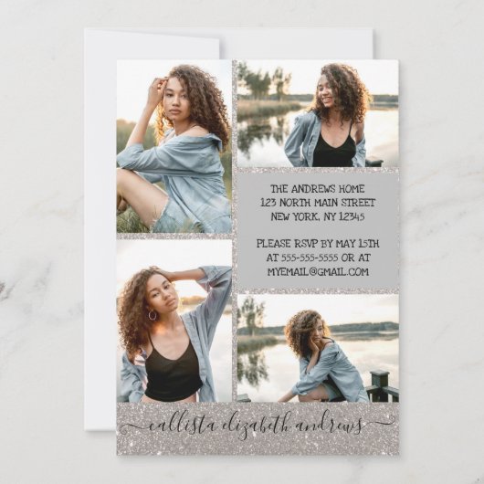 シルバーグリッターハローフォトコラージュスウィート16 招待状 (裏面)