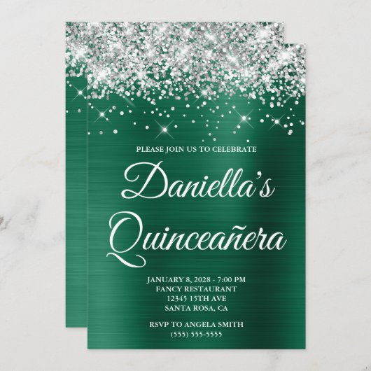 シルバーグリッターハンターグリーンフォイルキンセアニラ 招待状 (正面/裏面)