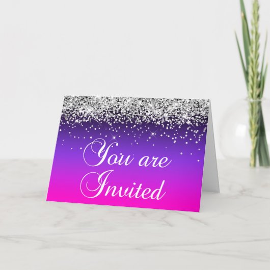 シルバーグリッターバイオレットグラデーションピンクユー招待され 招待状 (正面)