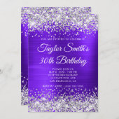 シルバーグリッターバイオレットモノグラム30th誕生日 招待状 (正面/裏面)