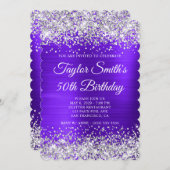 シルバーグリッターバイオレットモノグラム50誕生日 招待状 (正面/裏面)