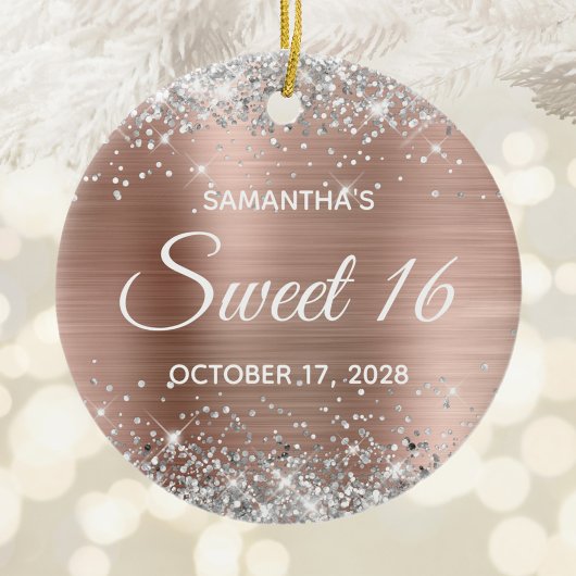 シルバーグリッターバラゴールドフォイルスウィート16誕生日 セラミックオーナメント