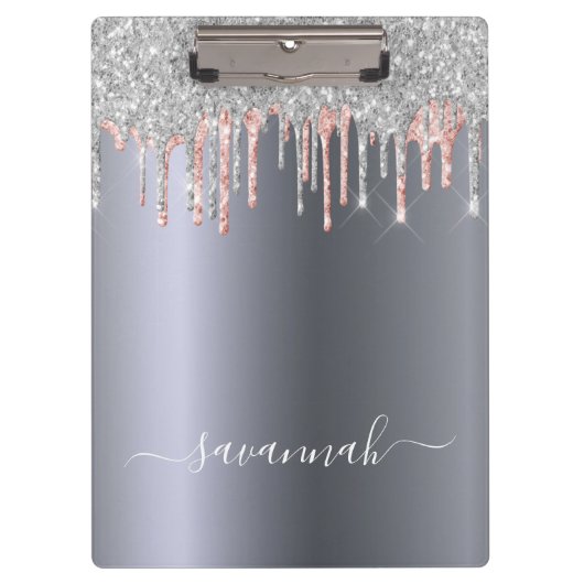 シルバーグリッターバラ金ゴールド名スクリプト クリップボード (正面)