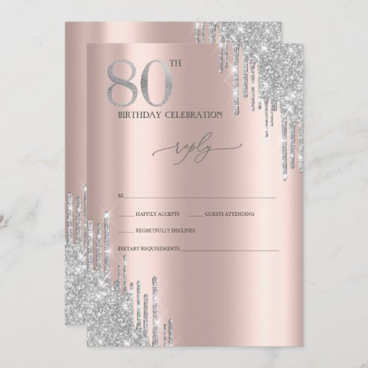 シルバーグリッターバラ金ゴールド80th誕生日RSVP 招待状 (正面/裏面)