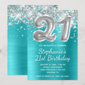 シルバーグリッターバルーンターコイズ21歳 招待状 (正面/裏面)