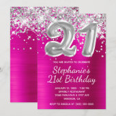 シルバーグリッターバルーンホットピンク21歳の誕生日 招待状 (正面/裏面)