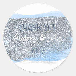 シルバーグリッターパステル絵を描ブルーサンキュー ラウンドシール