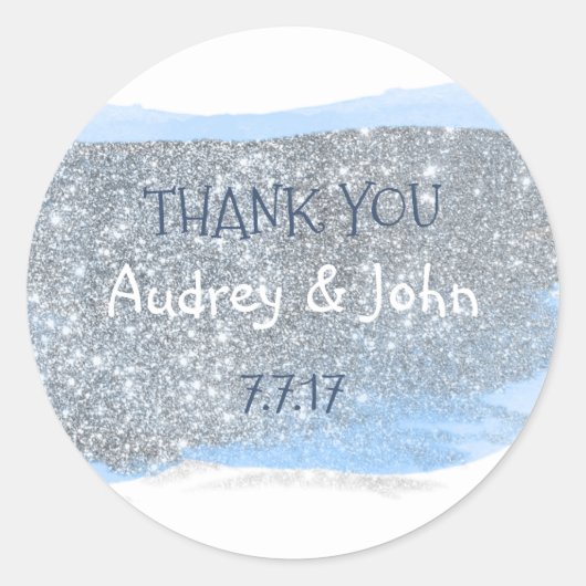 シルバーグリッターパステル絵を描ブルーサンキュー ラウンドシール (正面)