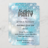シルバーグリッターパーティーアクアブルー《写真》ぼけ味誕生日 招待状 (正面/裏面)
