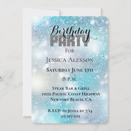 シルバーグリッターパーティーアクアブルー《写真》ぼけ味誕生日 招待状 (正面)